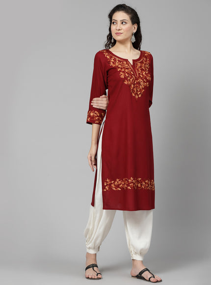 Maroon A-Line Aari Long Kurti For Women