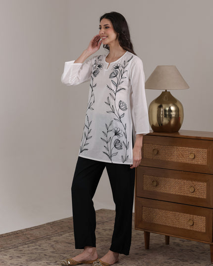 Qazmi Women's Aari Embroidered Pure Cotton Short Kurta