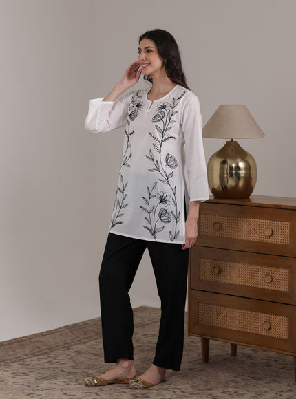 Qazmi Women's Aari Embroidered Pure Cotton Short Kurta
