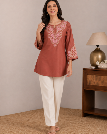 Qazmi Women Aari Embroidered Viscose Rayon A-Line Short Kurti with Full Sleeves