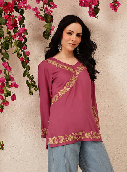 Qazmi Women's Jina V-Neck Kashmiri Aari Work Full Sleeves Kurti