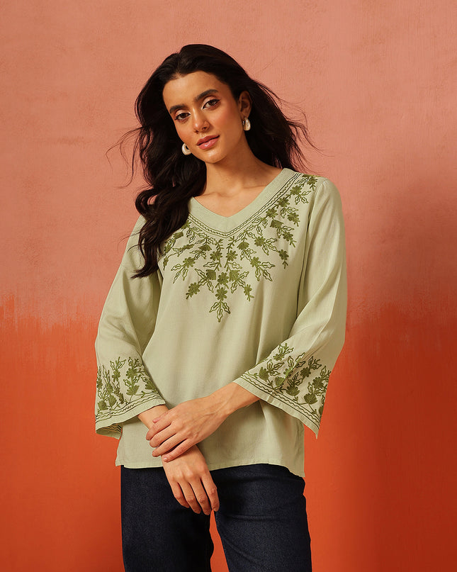 Qazmi Women's Sarah V-Neck Kashmiri Aari Work Full Sleeves Kurti
