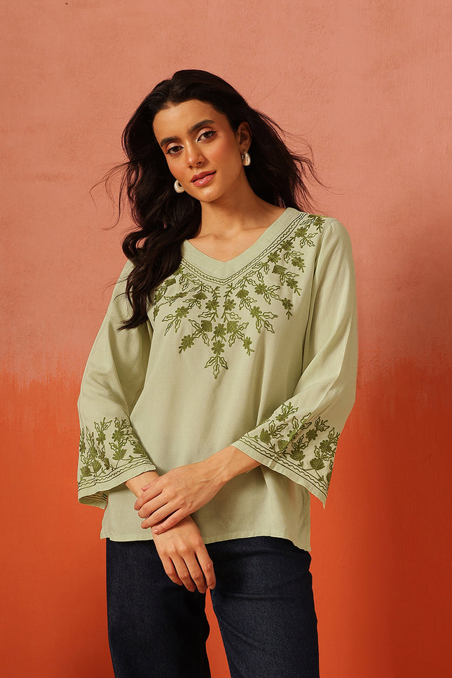 Qazmi Women's Sarah V-Neck Kashmiri Aari Work Full Sleeves Kurti