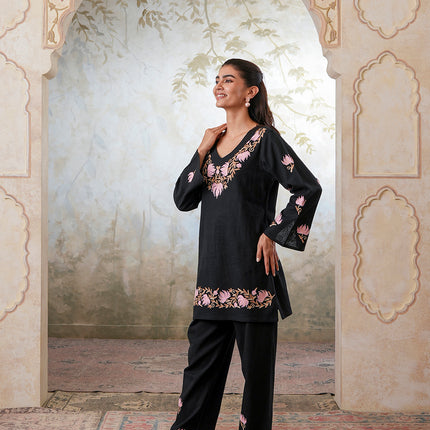 Qazmi Women's Kashmiri Chinarkari Work Olive Green CoOrd Set