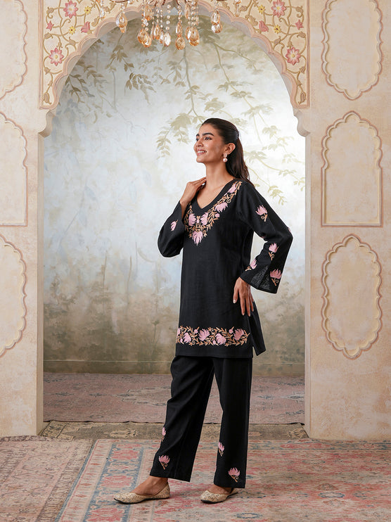 Qazmi Women's Kashmiri Chinarkari Work Olive Green CoOrd Set