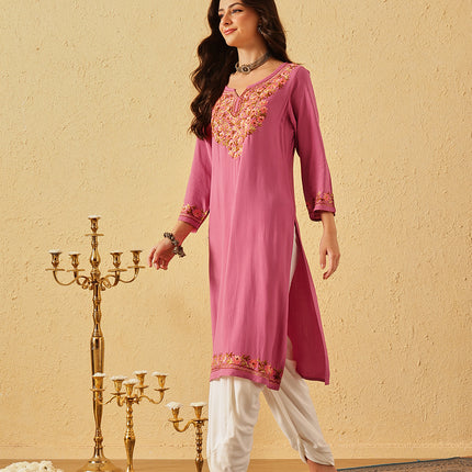 Qazmi Women's Huma Kashmiri Aari Work Keyhole Neck Pink Straight Kurta