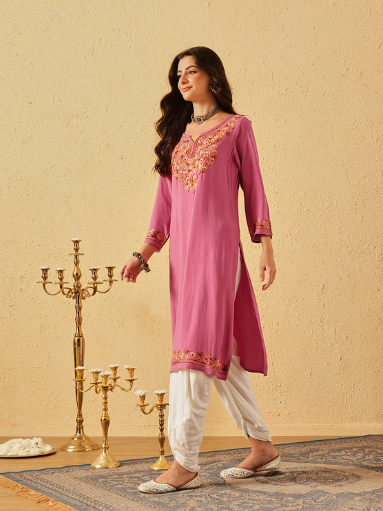 Qazmi Women's Huma Kashmiri Aari Work Keyhole Neck Pink Straight Kurta