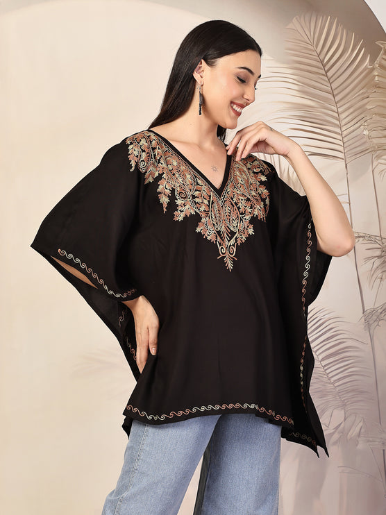 QAZMI Ethnic Motifs Embroidered V-Neck Flared Sleeves Kaftan Kurti
