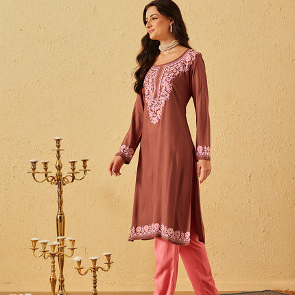 Qazmi Women's Firdousi Kashmiri Aari Work Brown Straight Kurta