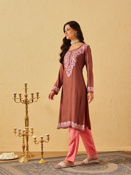 Qazmi Women's Firdousi Kashmiri Aari Work Brown Straight Kurta