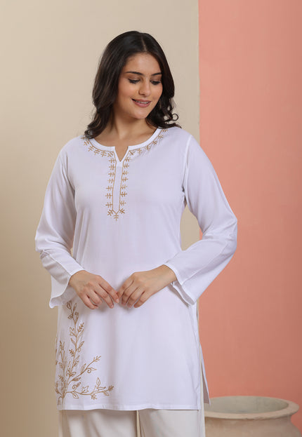 Qazmi Women's Aari Embroidered Pure Cotton Short Kurta