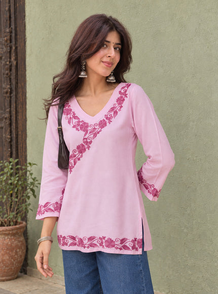Qazmi Women's Jina V-Neck Kashmiri Aari Work Full Sleeves Kurti