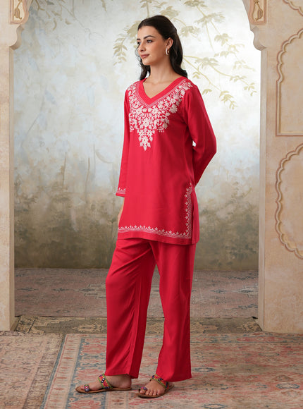 Qazmi Women's Kashmiri Aari Work Red CoOrd Set