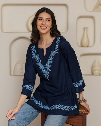 Qazmi Women Kashmiri Aari Embroidered Viscose Rayon A-Line Short Kurti with Bell Sleeves