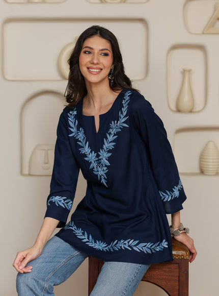 Qazmi Women Kashmiri Aari Embroidered Viscose Rayon A-Line Short Kurti with Bell Sleeves