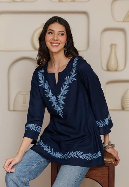 Qazmi Women Kashmiri Aari Embroidered Viscose Rayon A-Line Short Kurti with Bell Sleeves