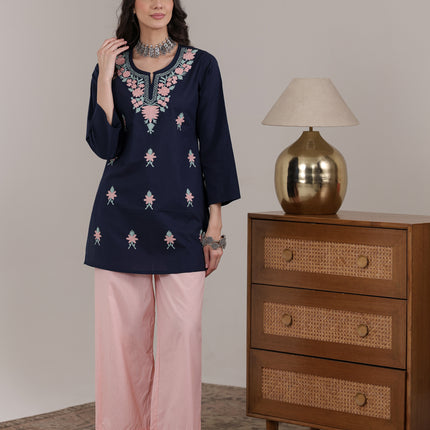 Qazmi Women's Aari Embroidered Pure Cotton Short Kurta