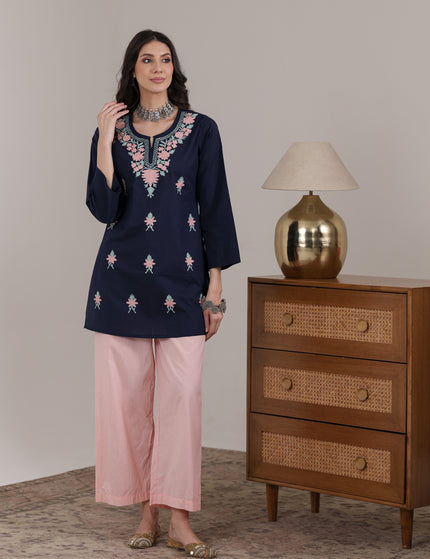 Qazmi Women's Aari Embroidered Pure Cotton Short Kurta