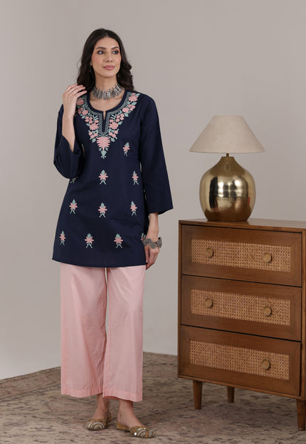Qazmi Women's Aari Embroidered Pure Cotton Short Kurta