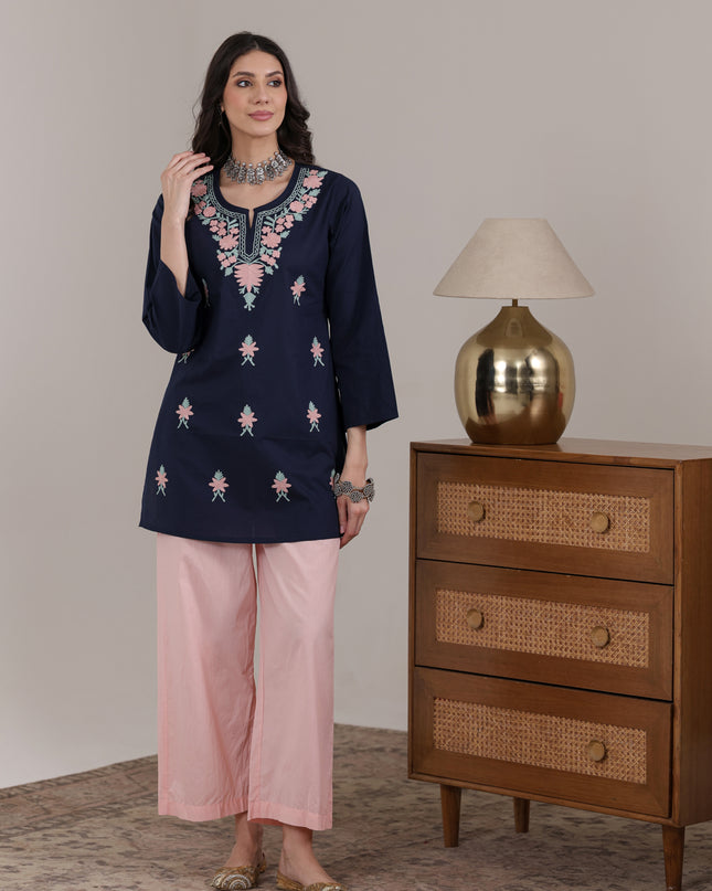 Qazmi Women's Aari Embroidered Pure Cotton Short Kurta