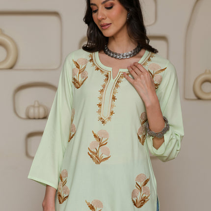 Qazmi Women Kashmiri Aari Embroidered Viscose Rayon Short Kurta