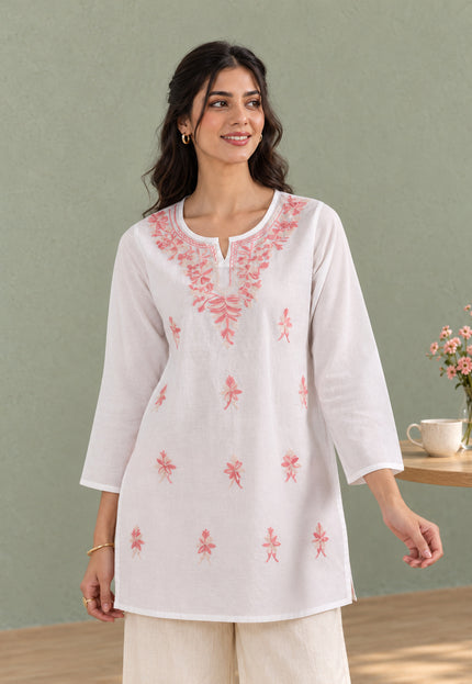 Qazmi Women's Aari Embroidered Pure Cotton Short Kurta