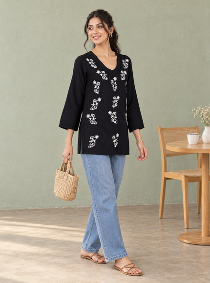 Qazmi Women Kashmiri Aari Embroidered Viscose Rayon Flared Sleeves Short Kurti