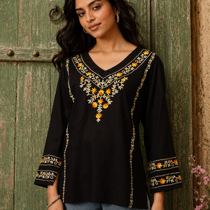 Qazmi Women's Amina Kashmiri Embroidered V-Neck Short Kurti