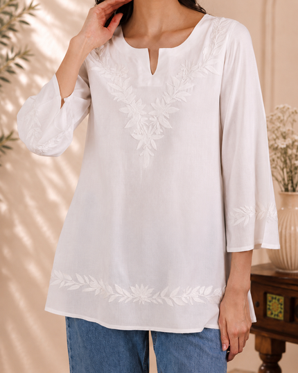Qazmi Women Kashmiri Aari Embroidered Viscose Rayon A-Line Short Kurti with Bell Sleeves