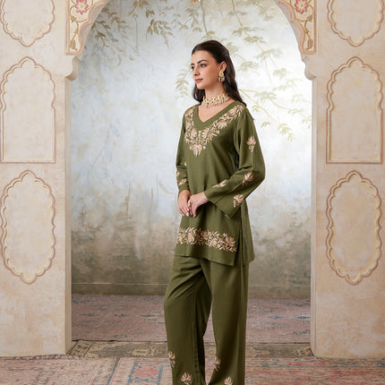 Qazmi Women's Kashmiri Chinarkari Work Olive Green CoOrd Set