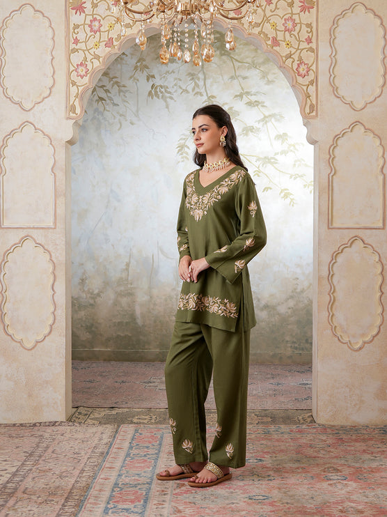 Qazmi Women's Kashmiri Chinarkari Work Olive Green CoOrd Set