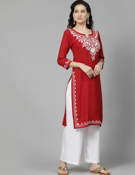 Red Offwhite Aari Long Kurti For Women
