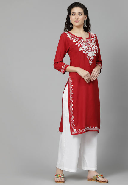 Red Offwhite Aari Long Kurti For Women