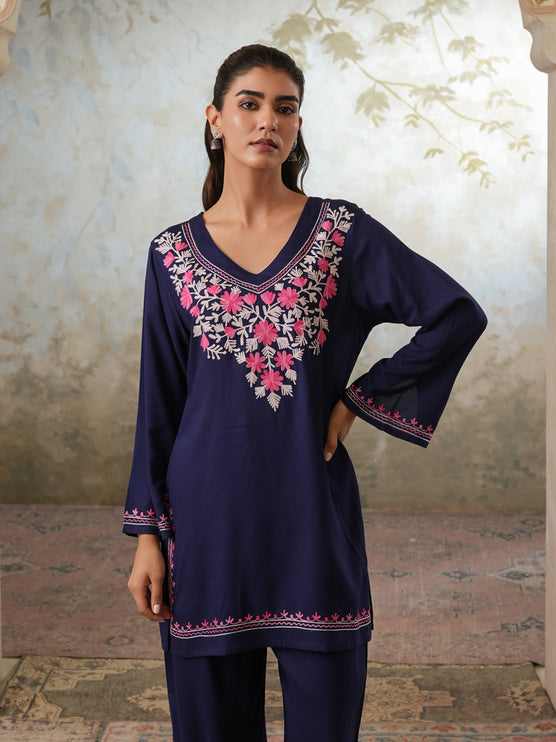 Qazmi Women's Kashmiri Aari Work Navy Blue CoOrd Set