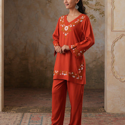 Qazmi Women's Aari Work V-Neck Black CoOrd Set