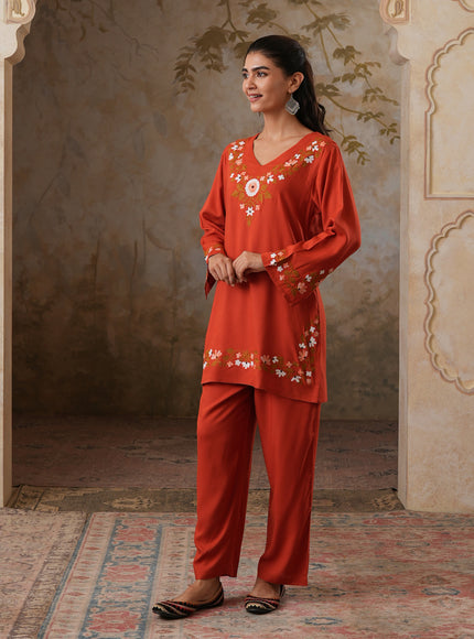 Qazmi Women's Aari Work V-Neck Black CoOrd Set