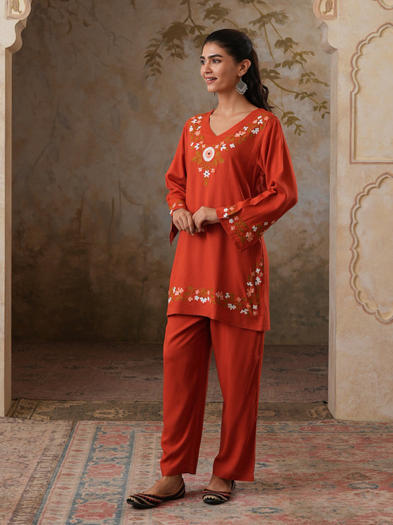 Qazmi Women's Aari Work V-Neck Black CoOrd Set