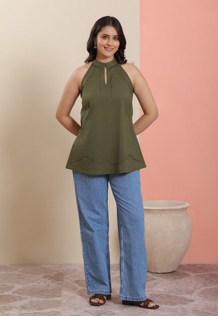 Qazmi Women Aari Embroidered Pure Cotton  Halter Neck Short Kurti