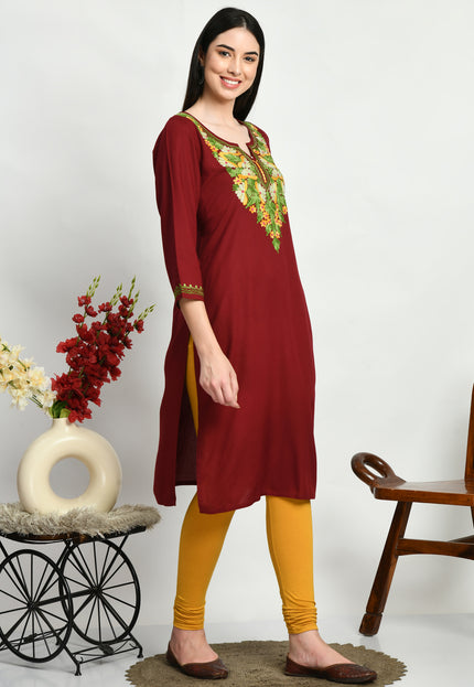 Maroon Multi Aari Long Kurti For Women