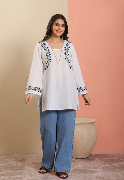 Qazmi Women Pure Cotton Square-Neck Aari  Embroidered Short Kurti