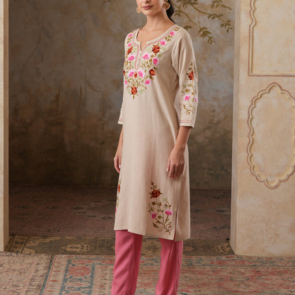 Qazmi Women's Zaynab Kashmiri Aari Work Cotton Linen Olive Green Kurta