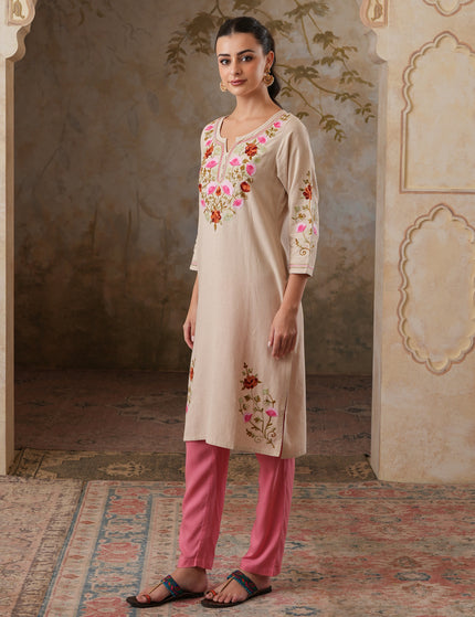 Qazmi Women's Zaynab Kashmiri Aari Work Cotton Linen Olive Green Kurta