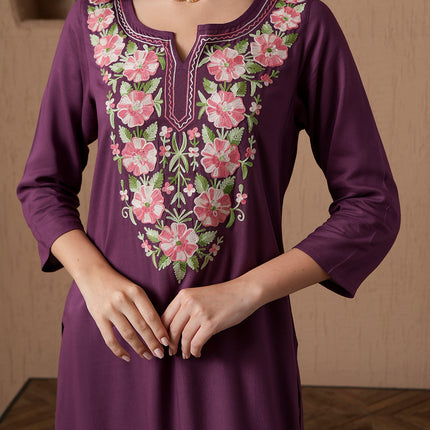 Qazmi Women's Mysa Kashmiri Aari Work Dark Wine Kurta Set