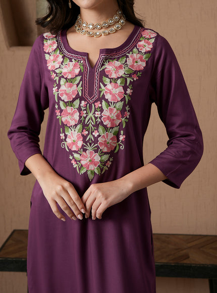 Qazmi Women's Mysa Kashmiri Aari Work Dark Wine Kurta Set