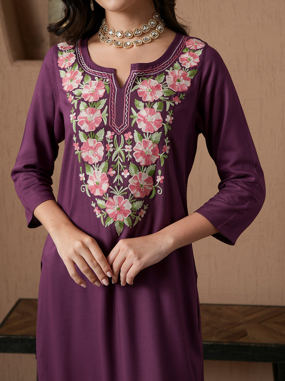 Qazmi Women's Mysa Kashmiri Aari Work Dark Wine Kurta Set