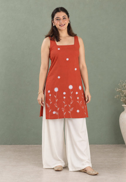 QAZMI Women Floral Embroidered Sleeveless Kurti