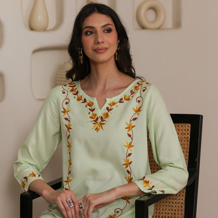 Qazmi Women Kashmiri Aari Embroidered A-Line Viscose Rayon Short Kurti with Full Sleeves