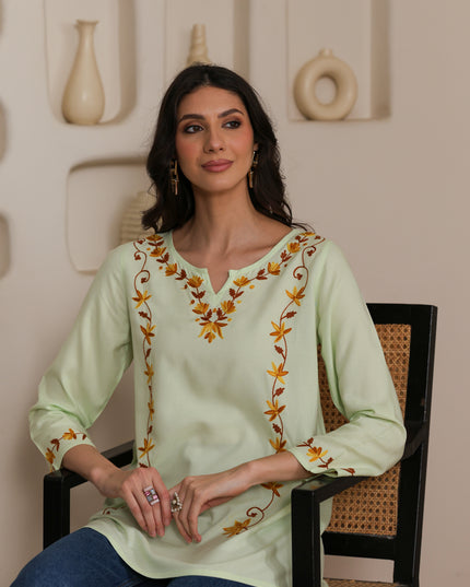 Qazmi Women Kashmiri Aari Embroidered A-Line Viscose Rayon Short Kurti with Full Sleeves