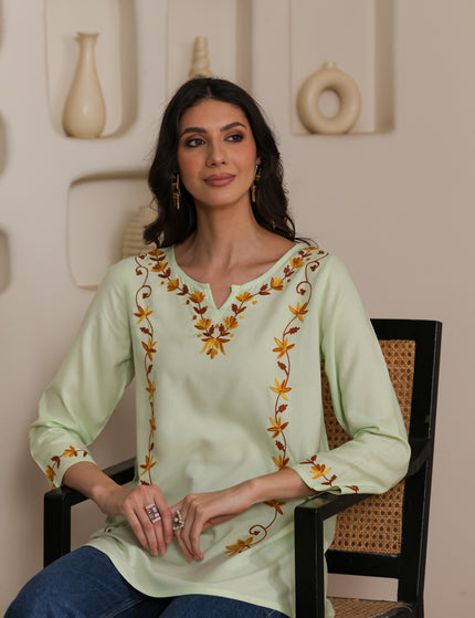 Qazmi Women Kashmiri Aari Embroidered A-Line Viscose Rayon Short Kurti with Full Sleeves