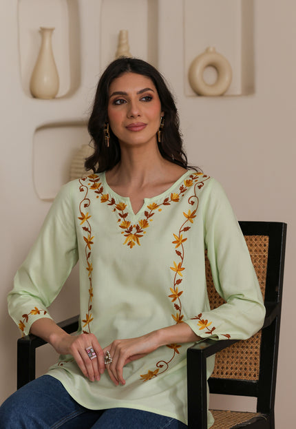 Qazmi Women Kashmiri Aari Embroidered A-Line Viscose Rayon Short Kurti with Full Sleeves